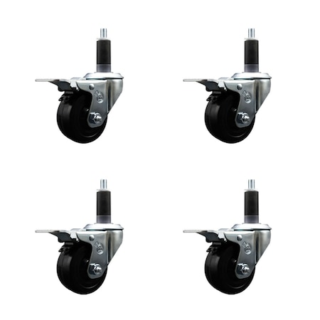 Service Caster 3'' Soft Rubber Swivel 1-1/8'' Expanding Stem Caster Set Total Lock Brake, 4PK SCC-EXTTL20S314-SRS-118-4